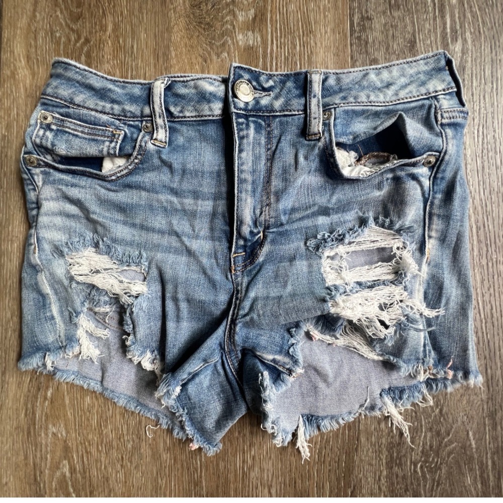 American Eagle Denim Shorts Womens 10 Blue Distressed Frayed Hem Mid Rise